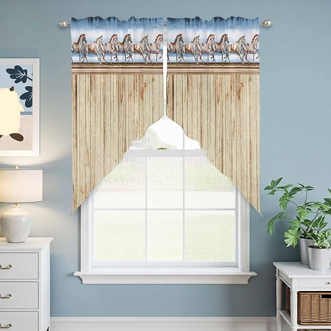 Western Horse Swag Valances for Windows, Farmhouse Wooden Grain Vintage Cowboy Barn Door Rod Pocket Kitchen Curtains Valance, Kitchen Window Curtains Swag for Cafe Living Room, 2 Panels, 36x63 inch