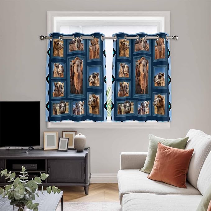 2 Panel Kitchen Cafe Curtains, Desert Camels Sunlight Filtering Nature Air Through, Home Decor Window Covering Tier Curtains for Bedroom Living Room Wildlife Brown Animals Blue Geometric