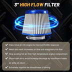 3 Inch Universal Cold Air Intake Filter Kit with Stainless Steel Filter and Aluminum Alloy Pipe, Automotive Air Filter High Induction Flow (Blue & Silver)