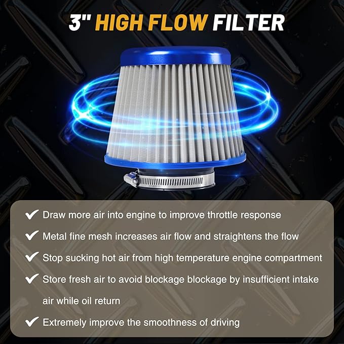 3 Inch Universal Cold Air Intake Filter Kit with Stainless Steel Filter and Aluminum Alloy Pipe, Automotive Air Filter High Induction Flow (Blue & Silver)