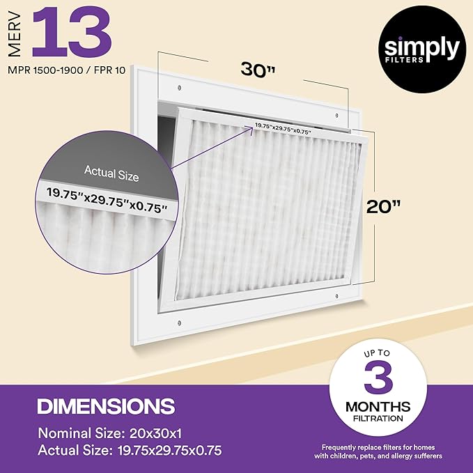 Simply 20x30x1 Air Filter, Merv 13, 6 Pack, For Home AC Furnace & HVAC (Actual Size: 19.75"x29.75"x0.75") DUST, Pet, & Allergy Control