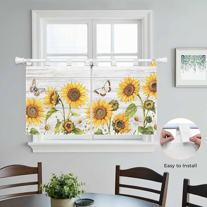 Yellow Sunflowers Kitchen Curtains 36 Inch Length, Small Window Curtains Tab Top, Vintage Country Flowers Butterfly Wood Board Light Filtering Short Window Treatments Tier Drapes 27.5"x36" 2 Panel
