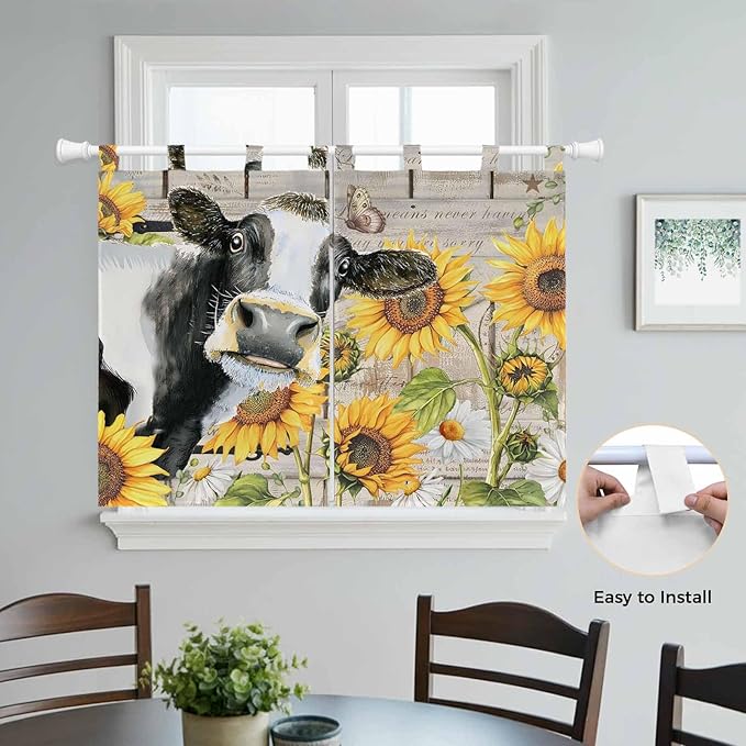 Yellow Sunflowers Kitchen Curtains 45 Inch Length, Short Cafe Window Curtains Tab Top, Farmhouse Cow Barn Doors Floral Butterfly Light Filtering Window Treatments Tier Drapes 27.5"x45" 2 Panel