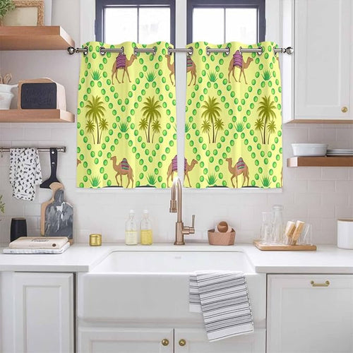2 Panel Kitchen Cafe Curtains, Desert Sand Camels Sunlight Filtering Nature Air Through, Window Decor Tier Curtains for Living Room 104W x 52L inch Palm Trees Tropical Plants Polka Dot Yellow