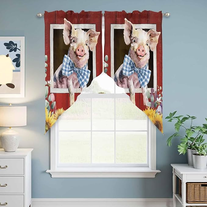 Pig Sunflowers Swag Valances for Windows, Eucalyptus Leaves Floral Bees Red Barn Rod Pocket Kitchen Curtains Valance, Kitchen Window Curtains Swag for Cafe Bathroom Living Room, 2 Panels, 36x45 inch