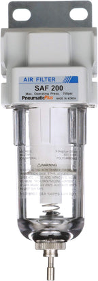 PneumaticPlus SAF200-N02B Miniature Compressed Air Particulate Filter 1/4" NPT - Poly Bowl, Manual Drain, Bracket
