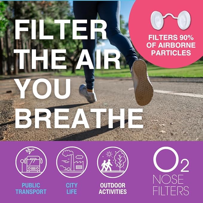 O2 Nose Filters with 3M Filtration - Nasal Screens for Allergies, Dust & Smoke - Drug-Free & Latex-Free Nose Filters - Invisible Allergy Protection (Large x 20)