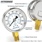 MEANLIN MEASURE 0~200Psi Dry Pressure Gauge Stainless Steel 1/4" NPT 2" FACE DIAL Waterproof for Air Compressor Air Regulator Water Filter Lower Mount, with 1/2" NPT and 3/8" NPT Hex Bushing
