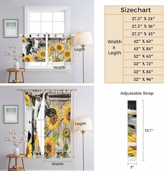 Retro Farmhouse Flower Kitchen Curtains 36 Inch Length, Small Window Curtains Tab Top, Yellow Sunflowers Cow Barn Doors Brown Light Filtering Short Window Treatments Tier Drapes 27.5"x36" 2 Panel