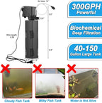 TARARIUM Aquarium Filter for 55-150 Gal. Tank Crystal 300GPH Biochemical Filtration Powerful Pump Submersible Internal Fish Tank Filters Large Tank Pond Clear Wavemaker Air Supply 4 in 1
