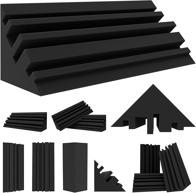 TroyStudio Bass Traps - 12 Pcs 4 X 4 X 12 Inches Dense Thick Studio Bass Foam Corner, Acoustic Treatment Panel Absorbing Echo Reverb, Low Frequency Sound Absorber for Music Room Home Recording Studio