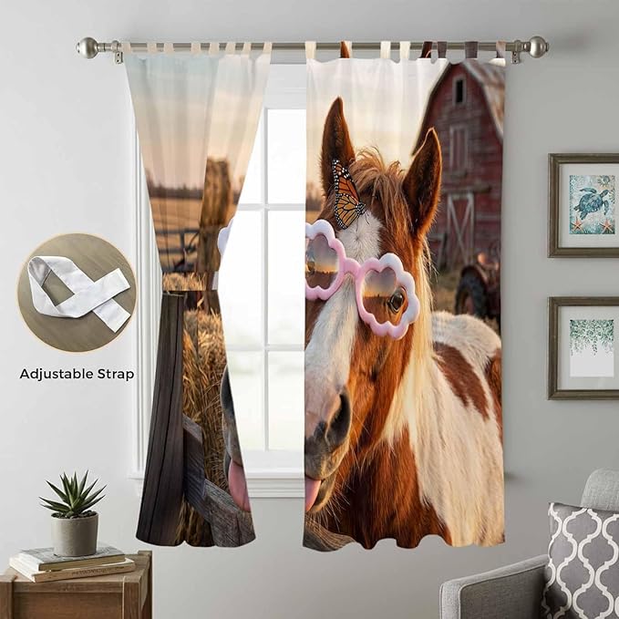 Farm Horses Living Room Curtains 84 Inch Length, Window Curtains Tab Top, Farmhouse Barn Funny Animals Butterfly Light Filtering Window Treatments Drapes 52"x84" 2 Panel