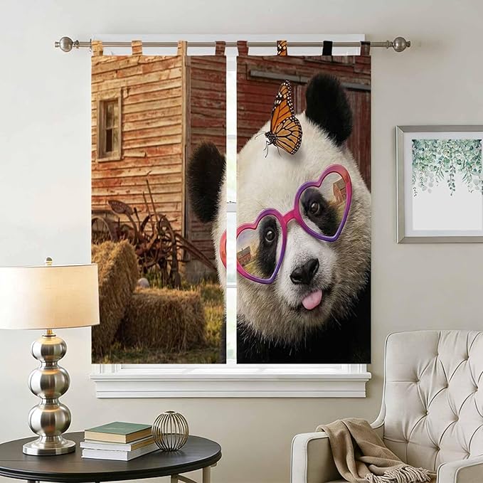 Farm Panda Bathroom Curtains 63 Inch Length, Window Curtains Tab Top, Farmhouse Barn Funny Animals Butterfly Light Filtering Window Treatments Drapes 52"x63" 2 Panel