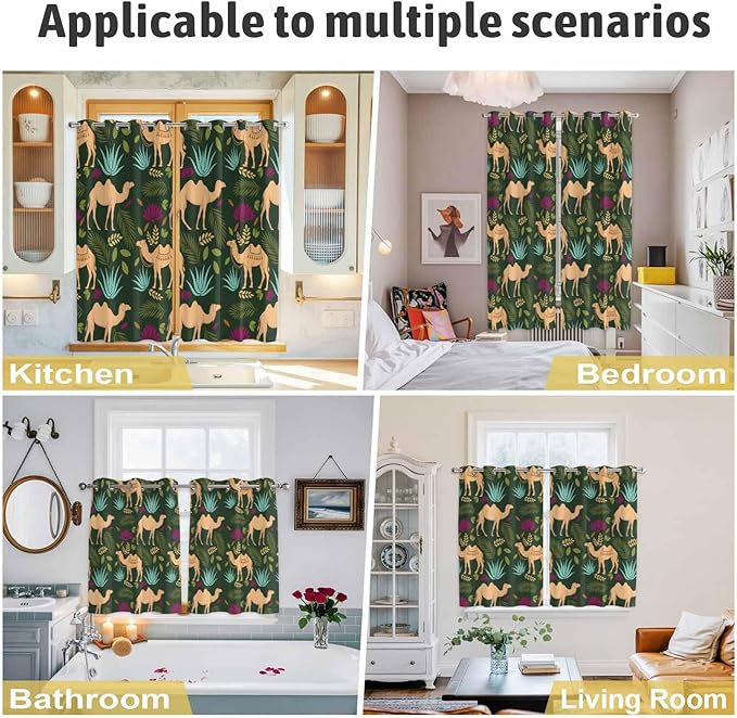 2 Panel Kitchen Cafe Curtains, Retro Desert Camel Sunlight Filtering Nature Air Through, Window Decor Tier Curtains for Living Room 104W x 84L inch Tropical Animal Aloe Vera Leaves Dark Green