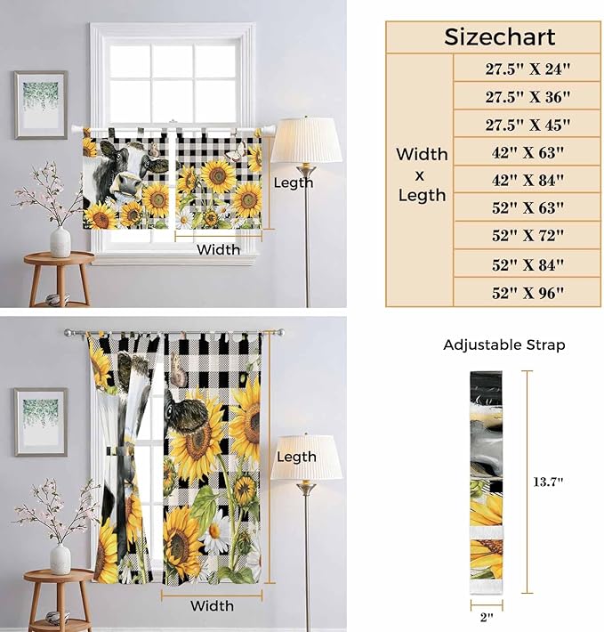 Retro Sunflowers Bedroom Curtains 63 Inch Length, Window Curtains Tab Top, Farmhouse Floral Cow Butterfly Black Plaid Light Filtering Window Treatments Drapes 42"x63" 2 Panel