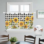 Sunflowers Kitchen Curtains 36 Inch Length, Small Window Curtains Tab Top, Yellow Flowers Butterfly Farmhouse Black Plaid Light Filtering Short Window Treatments Tier Drapes 27.5"x36" 2 Panel