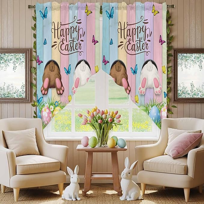Swag Curtain Valances for Kitchen Windows,Happy Easter Rabbit Butt Egg on Daisy Leaf Short Rod Pocket Window Valance,Bufferfly on Wood Barn Swag Topper for Bedroom Living Room,2 Panels 28x36in