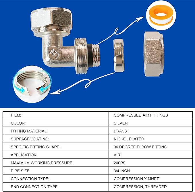3/4 Inch Brass-Nickel Plated Elbow Fittings, Air Hose Fittings for 3/4 Inch Compressed Air Piping System, Corrosion-Resistant Fitting for Shop Garage Air Line Kit
