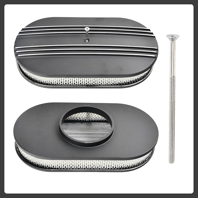 15" Black Aluminum Air Cleaner Assembly Kit Alloy Oval Partial Half Finned with Element