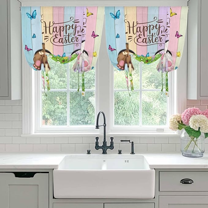 Tie Up Curtains,Happy Easter Rabbit Butt Egg on Daisy Leaf Adjustable Rod Pocket Window Shade Curtain Drape Bufferfly on Wood Barn Tie-Up Valance for Kitchen Bedroom Living Room Windows,42"x63"