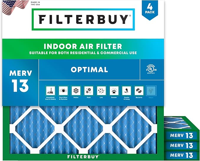 Filterbuy 15x15x1 Air Filter MERV 13 Optimal Smoke & Allergy Defense (4-Pack), Electrostatic Pleated HVAC AC Furnace Filters Replacement, Made in USA (Actual Size: 15.00 x 15.00 x 0.75)