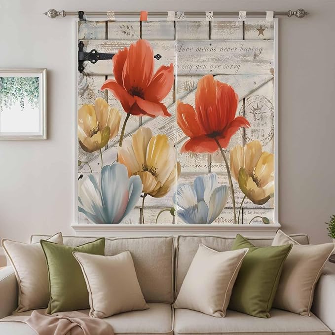 Retro Floral Bathroom Curtains 63 Inch Length, Window Curtains Tab Top, Red Yellow Tulips Barm Doors Farmhouse Wooden Light Filtering Window Treatments Drapes 52"x63" 2 Panel
