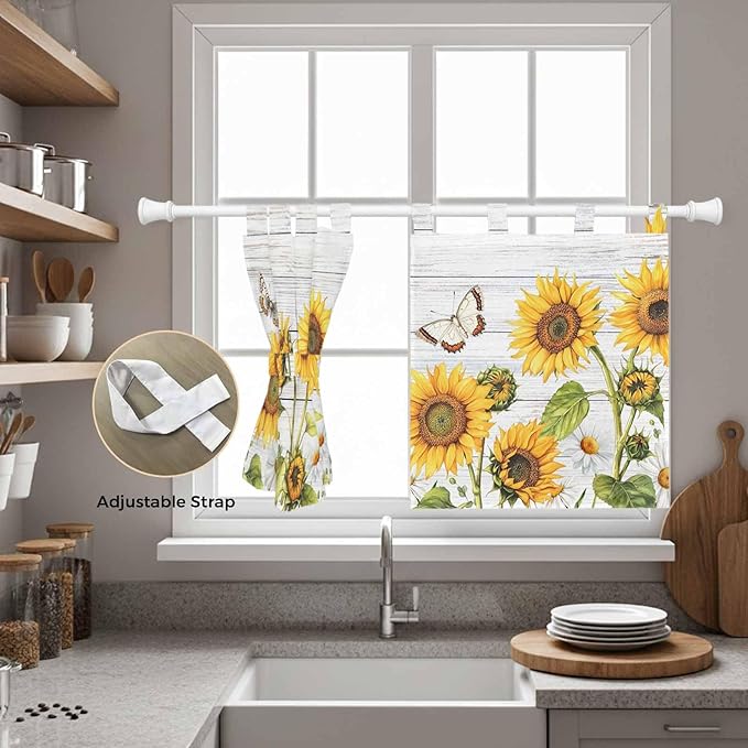 Yellow Sunflowers Kitchen Curtains 36 Inch Length, Small Window Curtains Tab Top, Vintage Country Flowers Butterfly Wood Board Light Filtering Short Window Treatments Tier Drapes 27.5"x36" 2 Panel