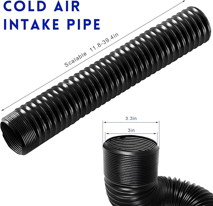 Sun Walker 3 Inch Cold Air Intake Pipe, Flexible Air Filter Intake Hose with Length from 11.8 Inch to 39.4 Inch, Adjustable High Flow Turbo Inlet Ducting for Car Truck SUV