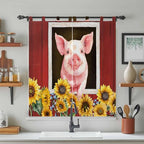 Pigs Sunflowers Bathroom Curtains 63 Inch Length, Window Curtains Tab Top, Farmhouse Red Barn Flowers Animals Light Filtering Window Treatments Drapes 52"x63" 2 Panel