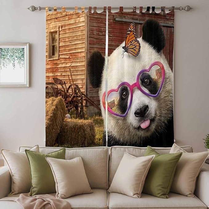 Farm Panda Living Room Curtains 96 Inch Length, Window Curtains Tab Top, Farmhouse Barn Funny Animals Butterfly Light Filtering Window Treatments Drapes 52"x96" 2 Panel
