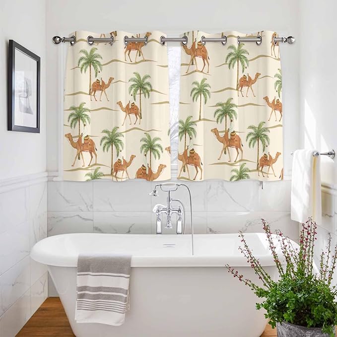 2 Panel Kitchen Cafe Curtains, Date Coconut Tree Sunlight Filtering Nature Air Through, Home Decor Window Covering Tier Curtains for Living Room 104W x 52L inch Desert Camels Botanical Tropical Beige