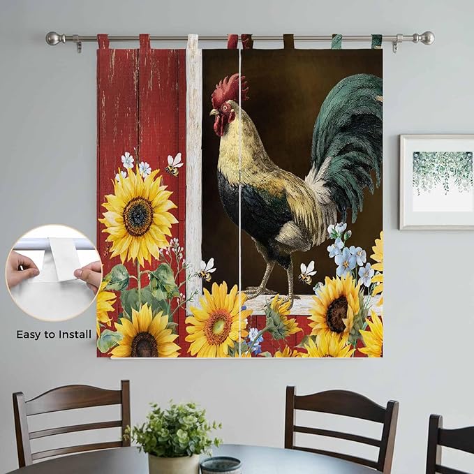 Chicken Sunflowers Bedroom Curtains 72 Inch Length, Window Curtains Tab Top, Farmhouse Animals Red Barn Bees Light Filtering Window Treatments Drapes 52"x72" 2 Panel
