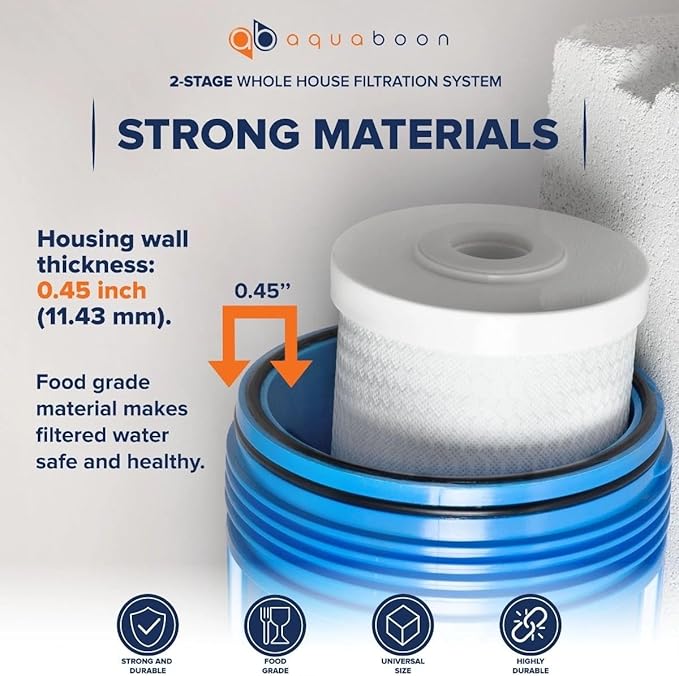 Aquaboon 2-Stage Whole House Water Filtration System with 20" Sediment, KDF Filters, Pressure Gauges & Release, Wrench, White Coated Bracket