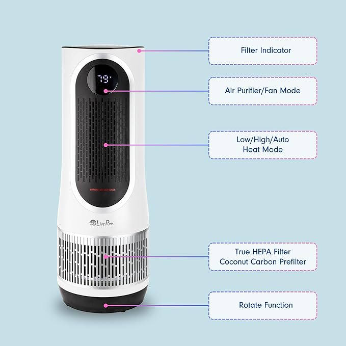 LivePure 3-in-1 LP500 Clean Heat Air Purifier & Electric Heater – Oscillating Portable Heater with 2 Heat Modes and Air Filtration – Heater for Indoor Use in Bedrooms, Home Office & Apartments, White