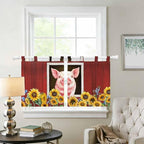 Pigs Sunflowers Kitchen Curtains 24 Inch Length, Small Window Curtains Tab Top, Farmhouse Red Barn Flowers Animals Light Filtering Short Window Treatments Tier Drapes 27.5"x24" 2 Panel