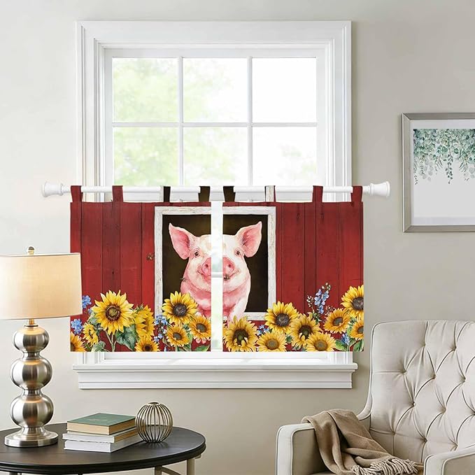 Pigs Sunflowers Kitchen Curtains 24 Inch Length, Small Window Curtains Tab Top, Farmhouse Red Barn Flowers Animals Light Filtering Short Window Treatments Tier Drapes 27.5"x24" 2 Panel