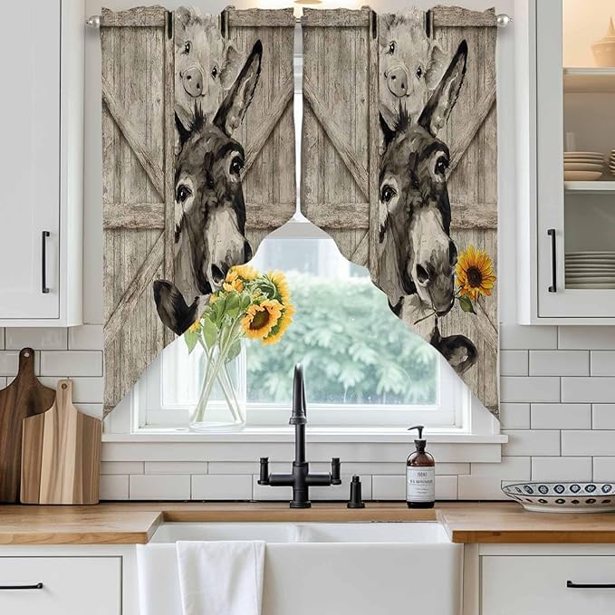 Funny Farm Animals Swag Valances for Windows, Vintage Barn Brown Sunflowers Rod Pocket Kitchen Curtains Valance, Small Window Curtains Swag for Cafe Bathroom Living Room, 2 Panels, 28x36 inch