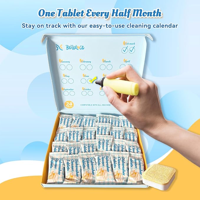 Dishwasher Cleaner Tablets Deodorizer Pods-24 Pack Deep Cleaning Dish Washer Descaler Freshener-Grime Limescale Heavy Duty Grease Odor Smell Remover-for All Dishwashers Lemon Foaming 1 Year Supply