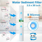 5 Micron Water Filter 20" x 2.5" Replacement Cartridge, 20-inch Sediment Pre-Filters for Whole House Water Filtration/Water Softener Systems, 6-Pack