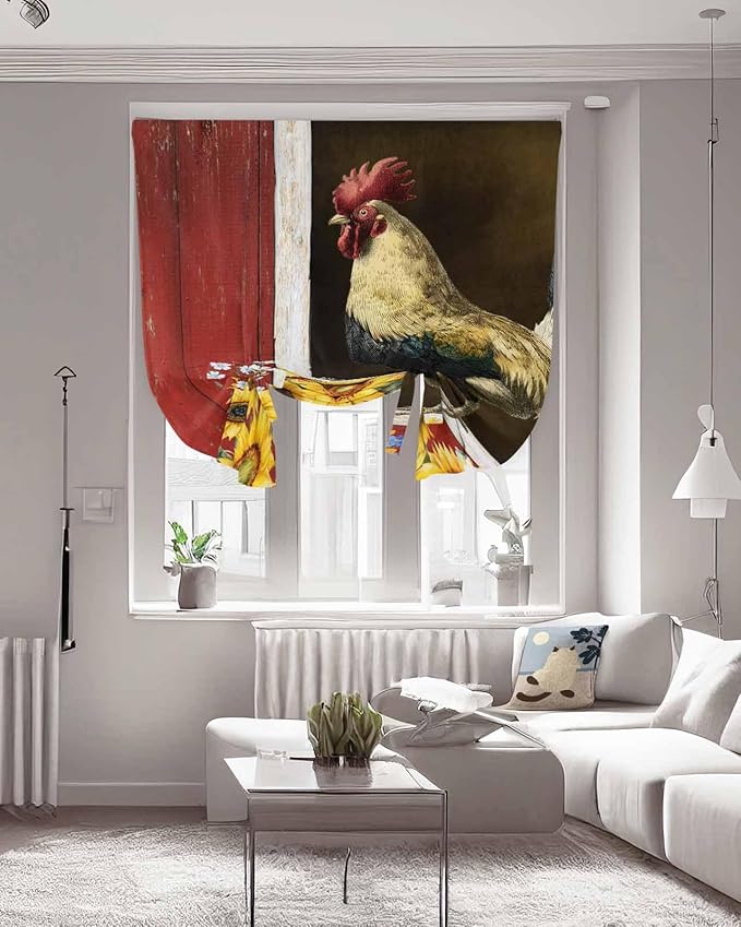 Tie Up Curtains for Windows, Chicken Sunflowers Adjustable Balloon Nature Linen Textured Kitchen Curtain, Farmhouse Animals Red Barn Bees Privacy Curtains Balloon Blind for Cafe, 42 x 63 Inches
