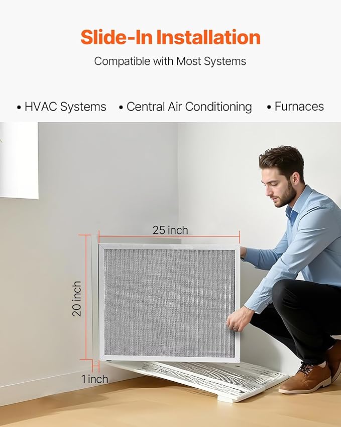 VEVOR 20x25x1 inch Electrostatic Air Filter, AC/HVAC Furnace Filter Washable & Reusable Aluminum, MERV 8 Long Lifetime, Home or Office (Actual Size: 19.75 x 24.65 x 0.82 in)