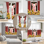 Pigs Sunflowers Kitchen Curtains 24 Inch Length, Small Window Curtains Tab Top, Farmhouse Red Barn Flowers Animals Light Filtering Short Window Treatments Tier Drapes 27.5"x24" 2 Panel