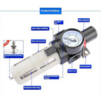 Compressed Air Pressure Filter Regulator Airtac BFR3000-C 3/8'' NPT 0-140 PSI Combo Piggybac Adjustable,Bracket,Gauge Semi-Auto Drain