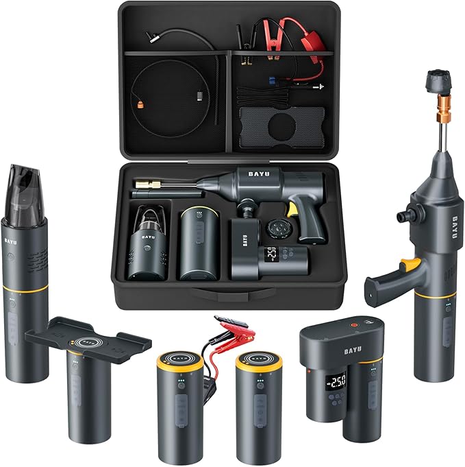 BAYU 6 in 1 Car Jump Starter Kit with 19000PA Car Vacuum Cleaner & Universal Battery, Cordless Pressure Washer, 150PSI Tire Inflator, Air Compressor, Portable 12V 1500A Auto Jump Box (6 Pcs)