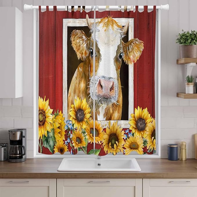 Cows Sunflowers Living Room Curtains 84 Inch Length, Window Curtains Tab Top, Spring Floral Bees Farmhouse Barn Light Filtering Window Treatments Drapes 52"x84" 2 Panel