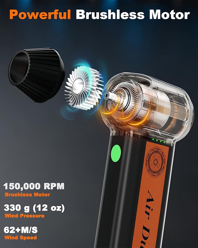 Super Powerful Compressed Air Duster, Rechargeable Duster Blower with LED Light & 4-Gear Adjustable 150KRPM Brushless Motor, Cordless Mini Blowe for Car, Home, Office, Camping (Black)