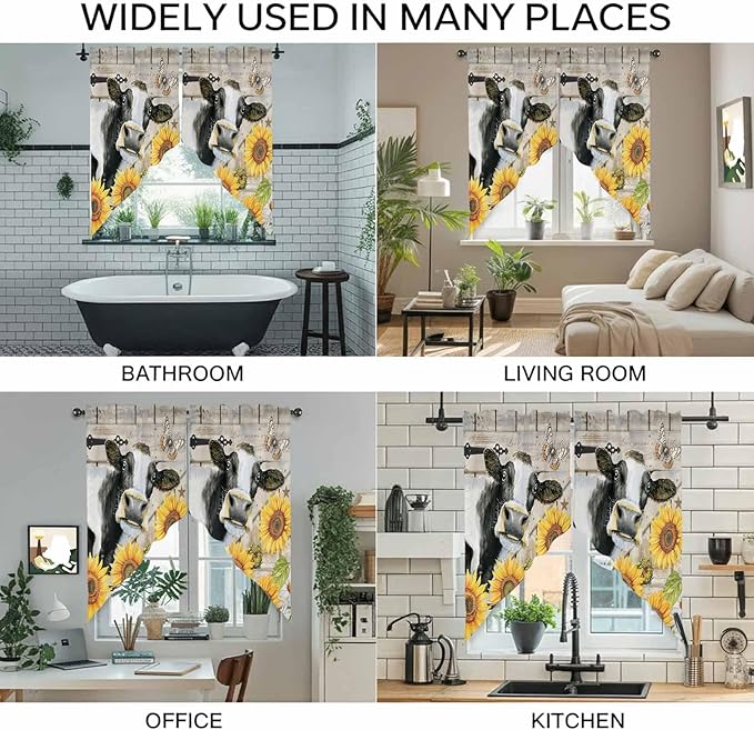 Yellow Sunflowers Swag Valances for Windows, Farmhouse Cow Barn Doors Floral Butterfly Rod Pocket Kitchen Curtains Valance, Small Window Curtains Swag for Cafe Living Room, 2 Panels, 28x36 inch