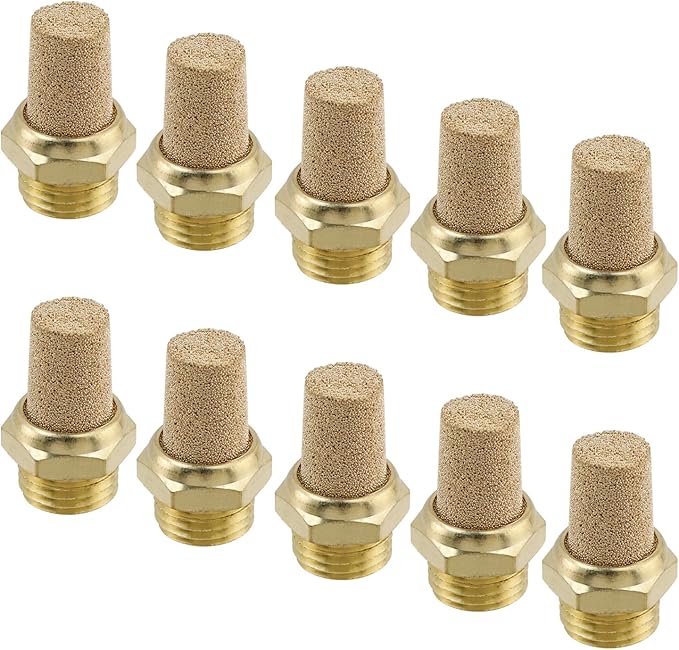 Wealrit 10 PCS Pneumatic Exhaust Mufflers, 1/4" Male Thread Hex Copper Air Muffler Silencer, 1.02" Length Industrial Muffler Filter Air Line Fitting for Compressed Air Systems, Valves, Cylinders