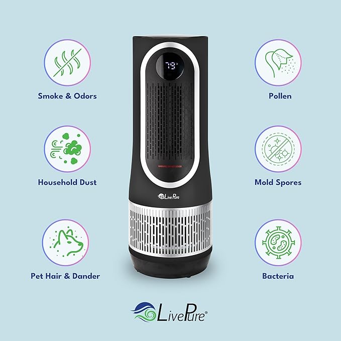 LivePure 3-in-1 LP500 Clean Heat Air Purifier & Electric Heater – Oscillating Portable Heater with 2 Heat Modes and Air Filtration – Heater for Indoor Use in Bedrooms, Home Office & Apartments, Black