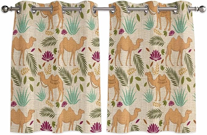 2 Panel Kitchen Cafe Curtains, Desert Camels Sunlight Filtering Nature Air Through, Home Decor Window Covering Tier Curtains for Living Room 104W x 52L inch Vintage Sand Animals Aloe Vera Leaves Beige